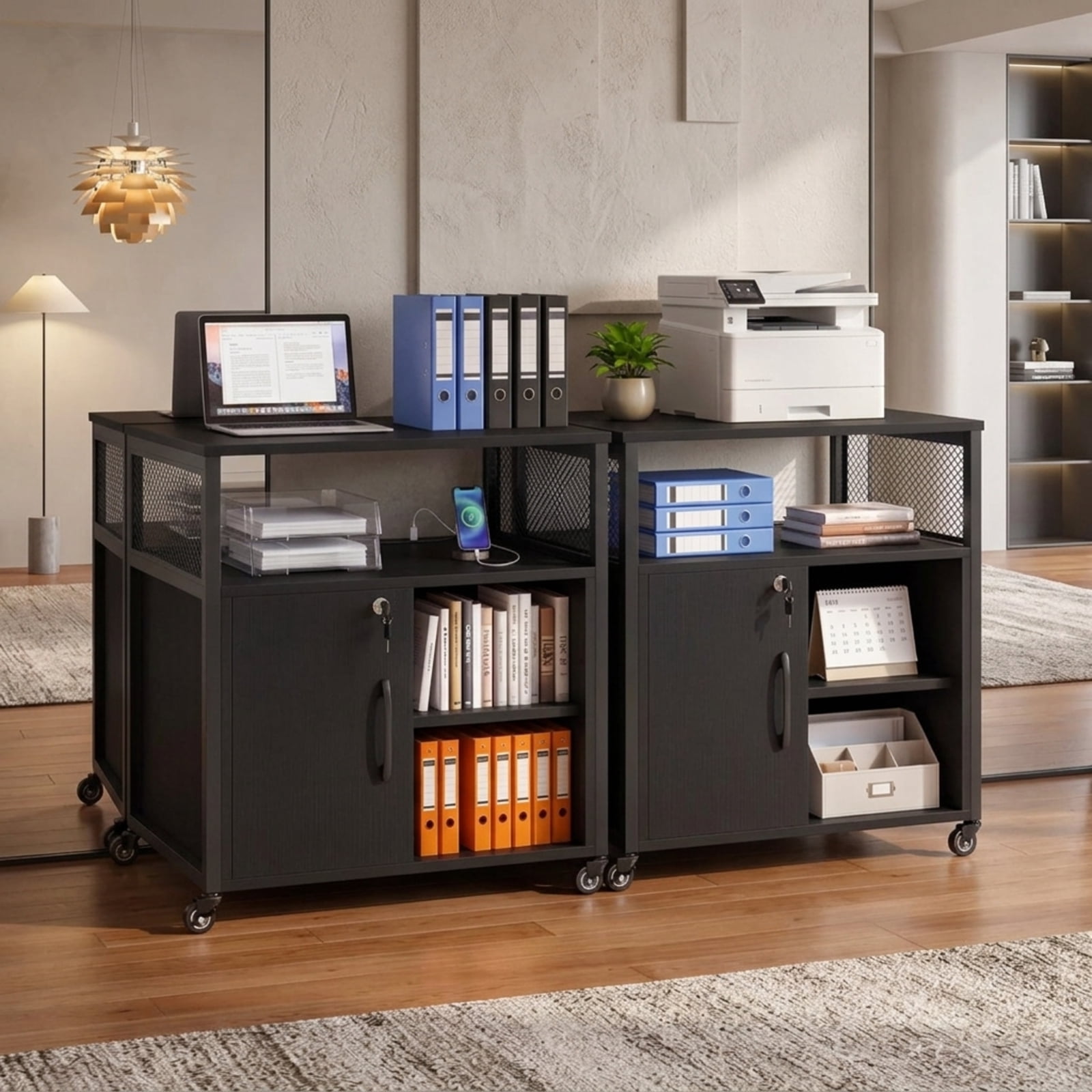 Furnibear Mobile File Cabinet on Wheels with Charging Station USB Ports and Lockable Office Storage Cabinet for Home Office and Bedroom, Brown