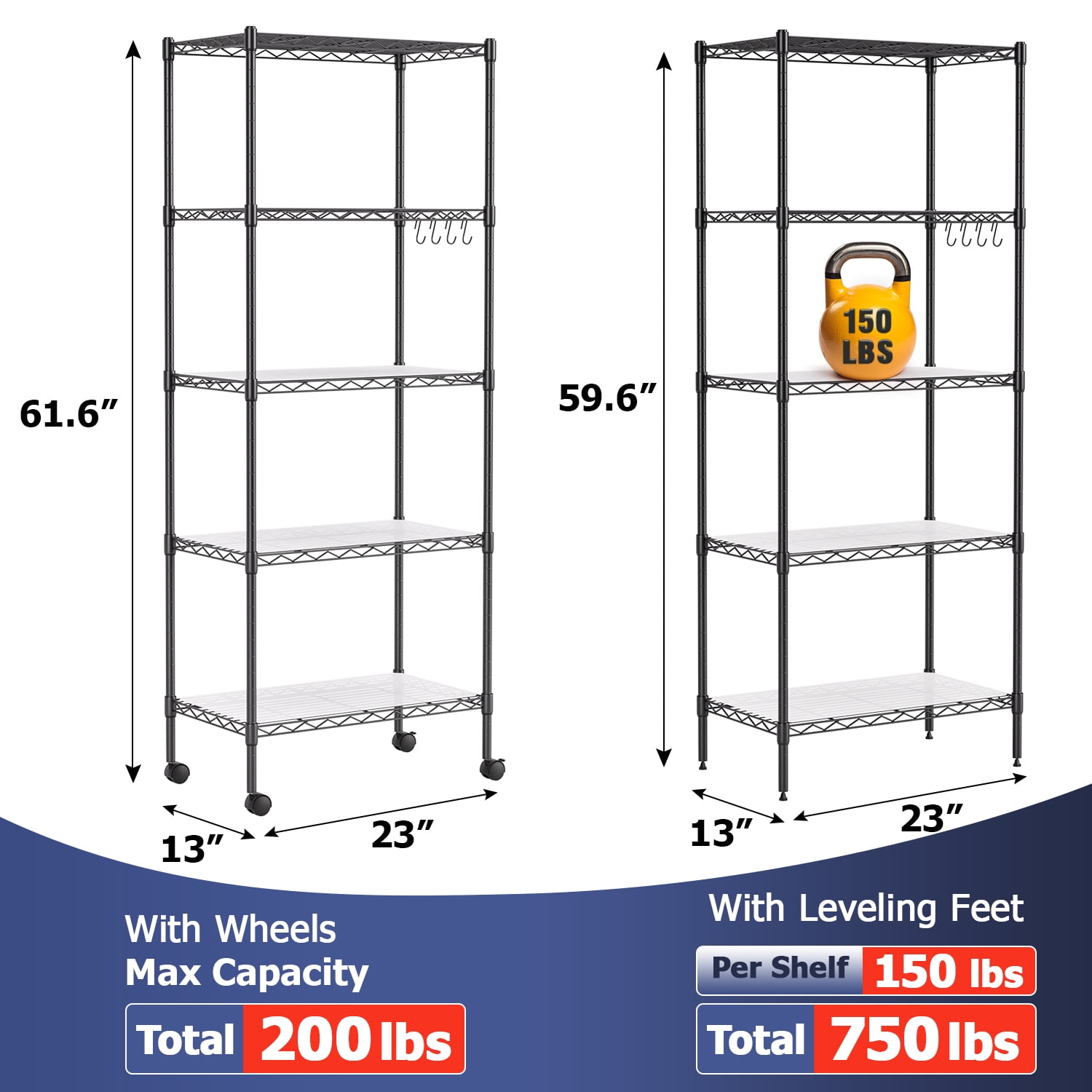 FDW 5-Tier Metal Wire Garage Storage Rack Shelf Unit For Garage/Kitchen,With Wheels,Black