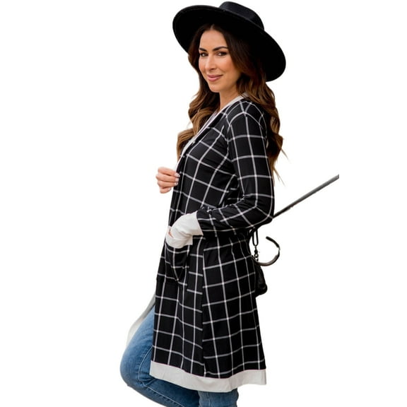 Women's Black Plaid Colorblock Edge Open Cardigan with Pockets - [ZhiHiMeRi] | (US 12-14)L