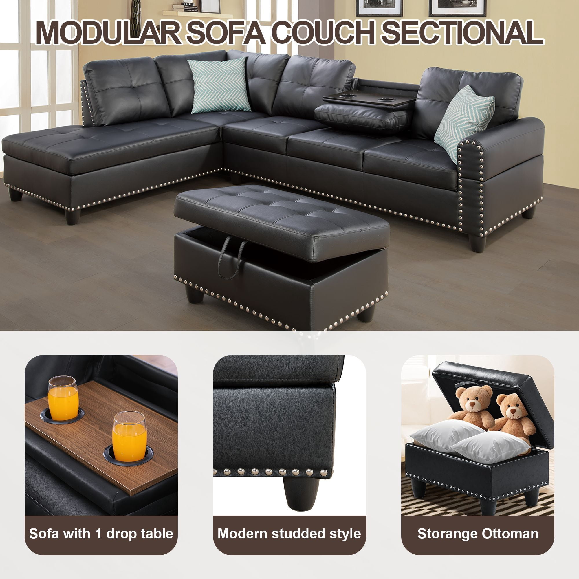 DEALTOPS L-Shaped Sectional Sofa Set with Storage Ottoman - Leather Upholsted Sofa Couch, Nailhead Trim, Black