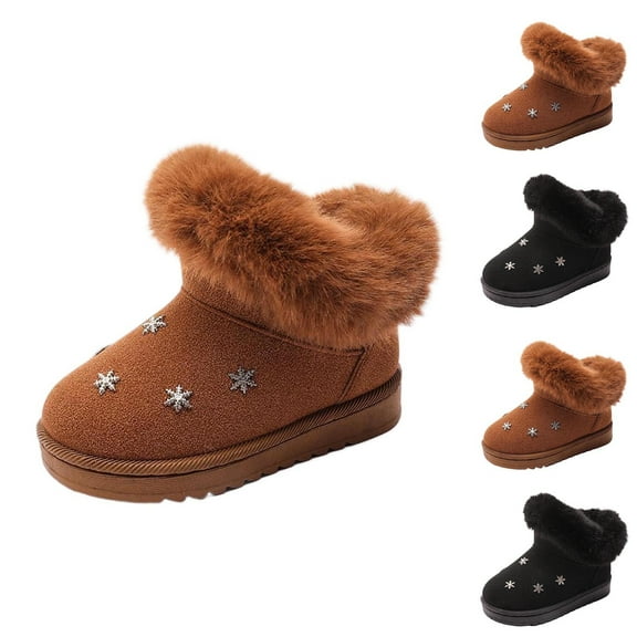 Lovzfmll Boys Girls Snow Boots, Cute Snowflake Embroidery Fleece Lined Warm Winter Boots, Flat Heel Outdoor Shoes for Toddler 2-2.5 Years, Brown