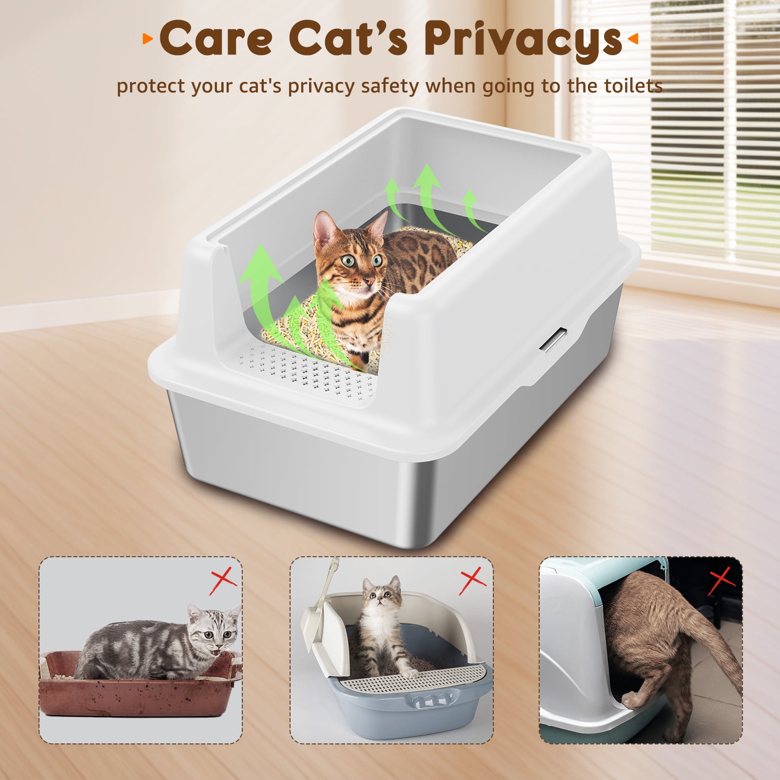 Stainless Steel Litter Box with Large Litter Mat, 23.6" High-Sided Metal Litter Pan for Multi Cats Tray with Scoop Non-Stick, Leak-Proof, Easy to Clean