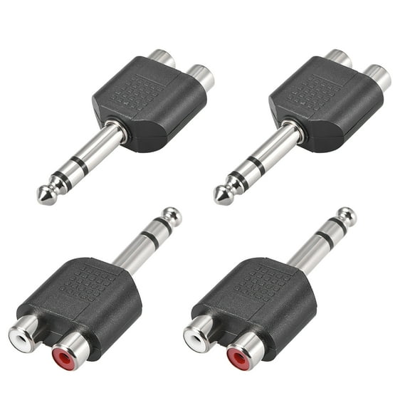 6.35mm Male to 2 RCA Female Connector Splitter Adapter Coupler Black 4Pcs for Stereo Audio Video Cable Convert