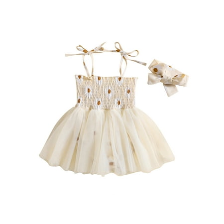 

Suanret Toddler Baby Girls Summer Romper Dress Casual Sleeveless Daisy Print Tulle Princess Dress with Headband Beige 12-18 Months