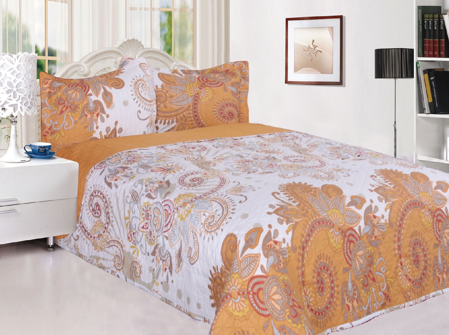 3 Piece Reversible Quilted Printed Bedspread Coverlet Gold Flowers