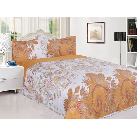 3-Piece Reversible Quilted Printed Bedspread Coverlet Gold Flowers - King