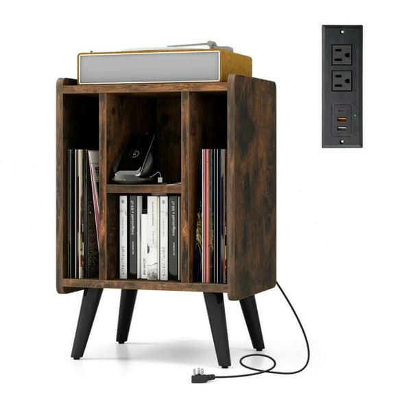 GVN Vinyl Record Storage Turntable Stand with 4 Open Shelves-Brown, Rolling Storage Cart, Multipurpose Organizer Cart for Home, Office, School