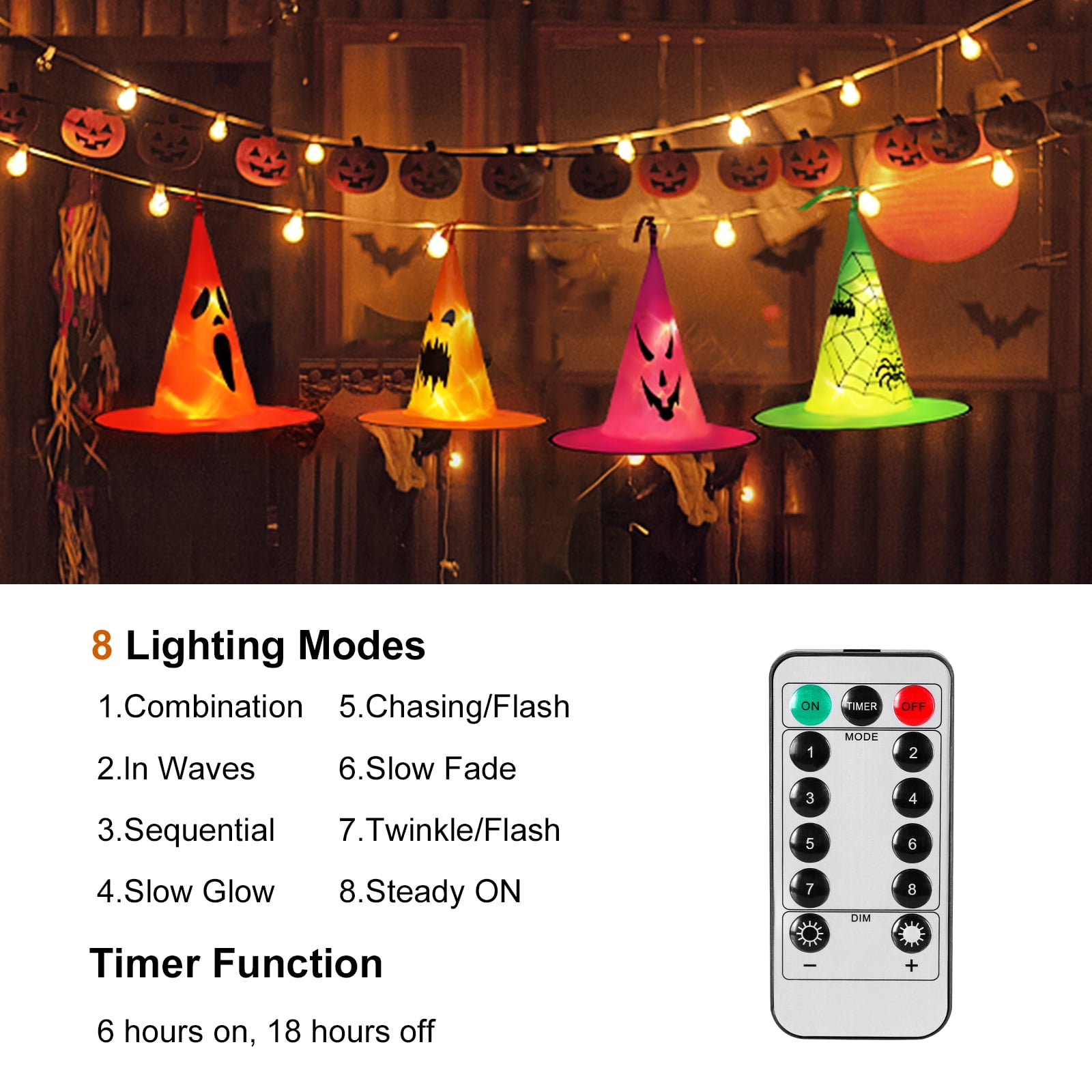 8 Halloween Hanging Light-Emitting Witch Hat Decorative Lights, Operated