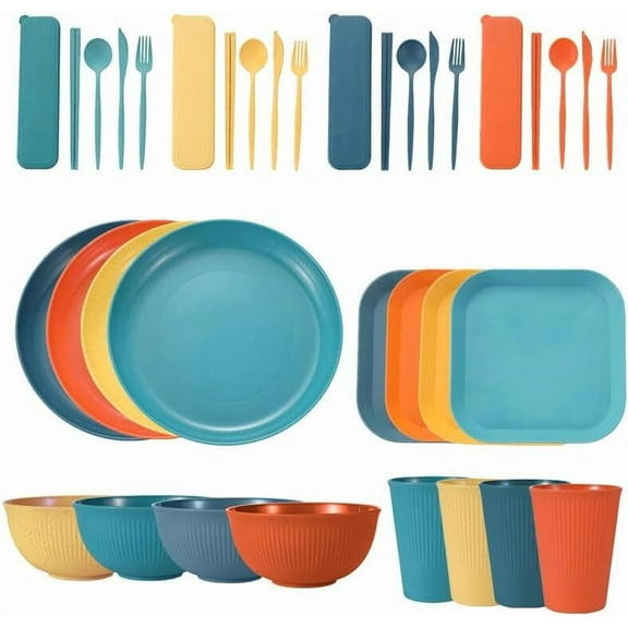 GoXteam 36pcs Wheat Straw Dinnerware Sets,Plastic Plates and Bowls Sets for 4, Unbreakable Plates and Bowls Sets Perfect for Cooking Family Camping Picnics
