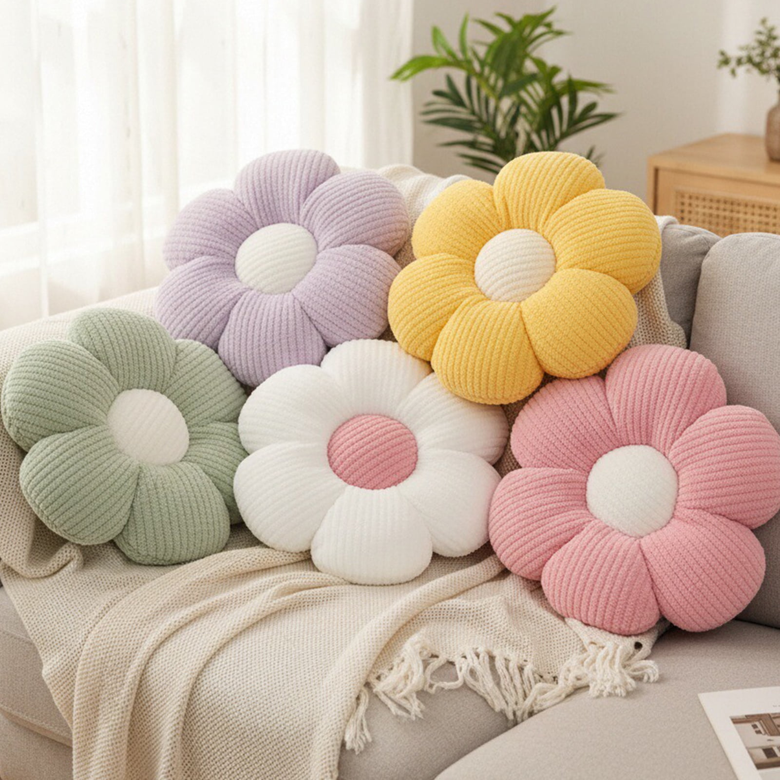 HonorHut 2 Pack Flower Pillows Soft Six Petal Daisy Shaped Throw Pillows Home Decorative Seating Cushion for Reading Sofa Couch Chair 15.7Inch White and Pink