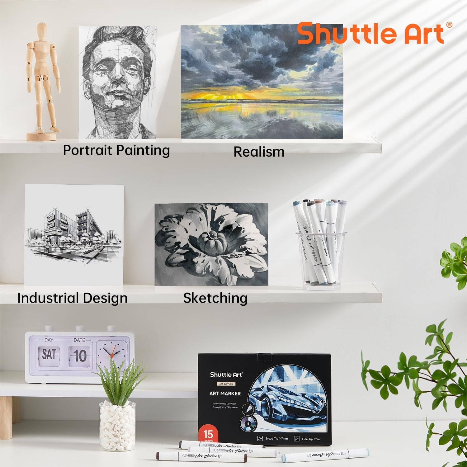 Shuttle Art Dual Tip Art Markers, Fine-Point, Gray, 15 Count Pack