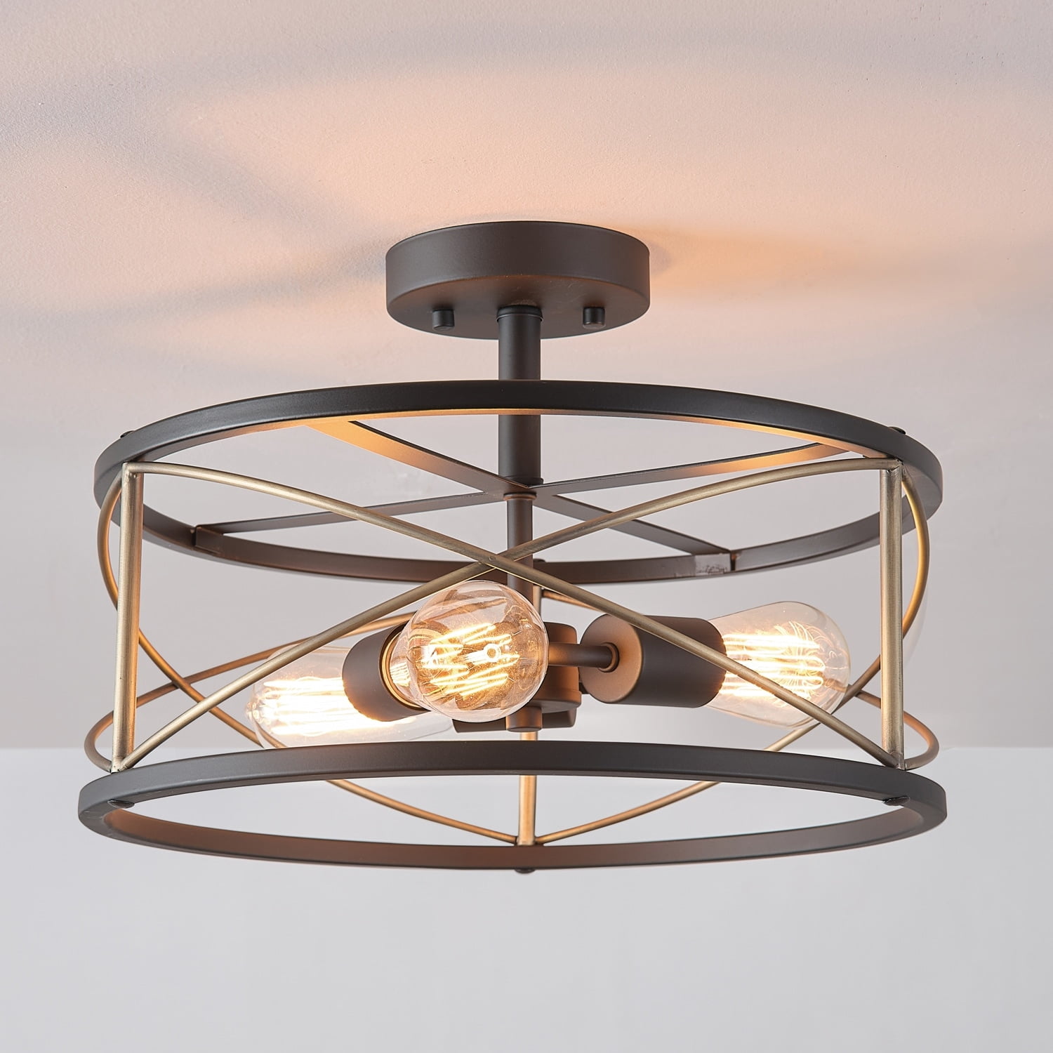Globe Electric Denali 3-Light Matte Black Flush Mount Ceiling Light with Brass Accents, 60869