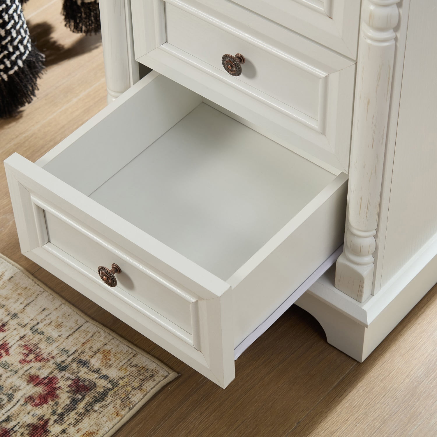 Hommoo Farmhouse Style 3-Drawer Side Table with Storage, Charging Pedestal & Roman Posts Decoration, Rustic Wood Square Nightstand Chest of Drawers for Living Room, Bedroom, Office, White