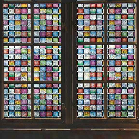 Stained Glass Window Film, Decorative Square Glass Door Films, Colorful Lattice Window Tint, Window Privacy Films, Non Adhesive Anti-UV Privacy Film for Home and Office, 17.7x78.7 inches
