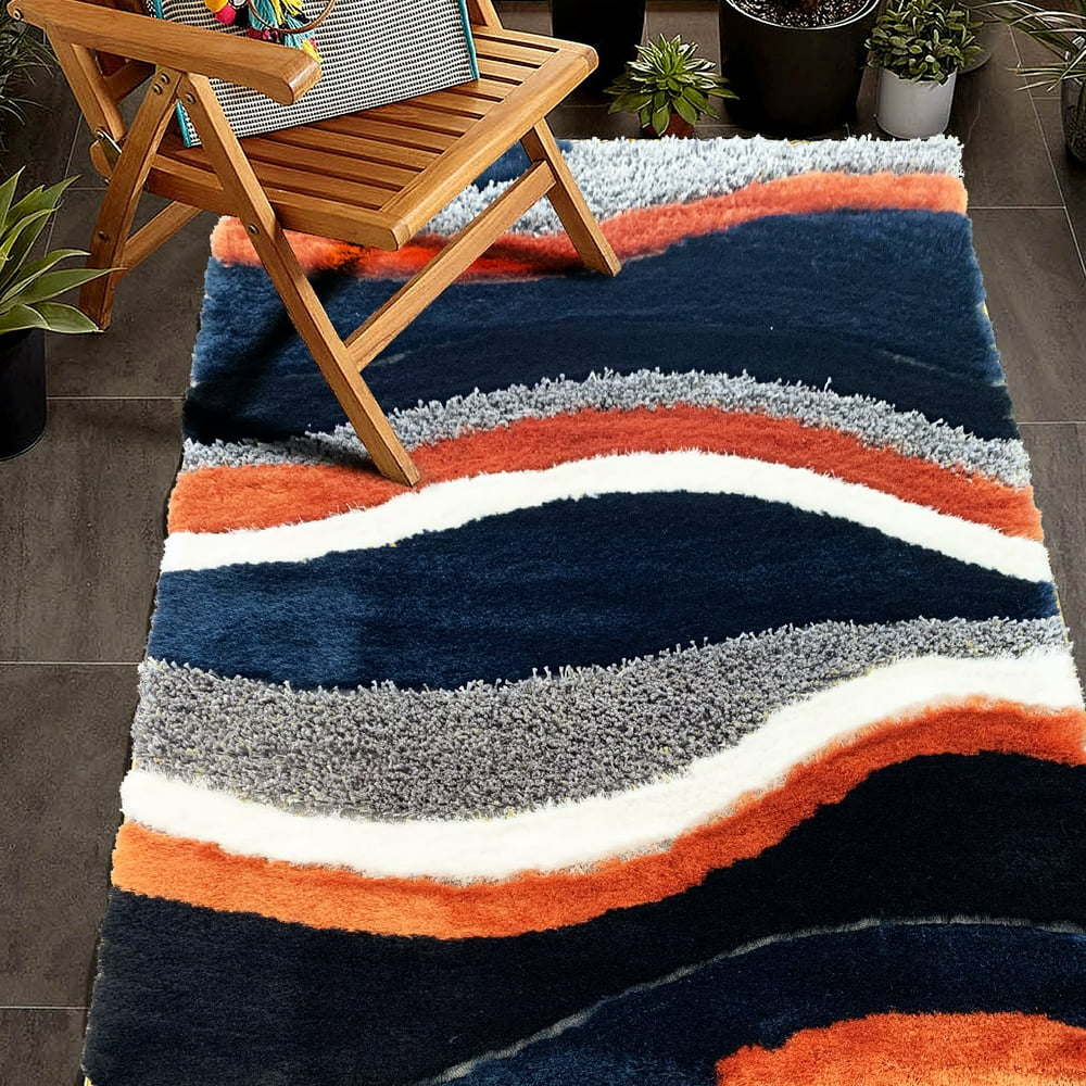 Orange Rust Navy Plush Fluffy Soft Multi Textural Shag Area Rug/ Carpet