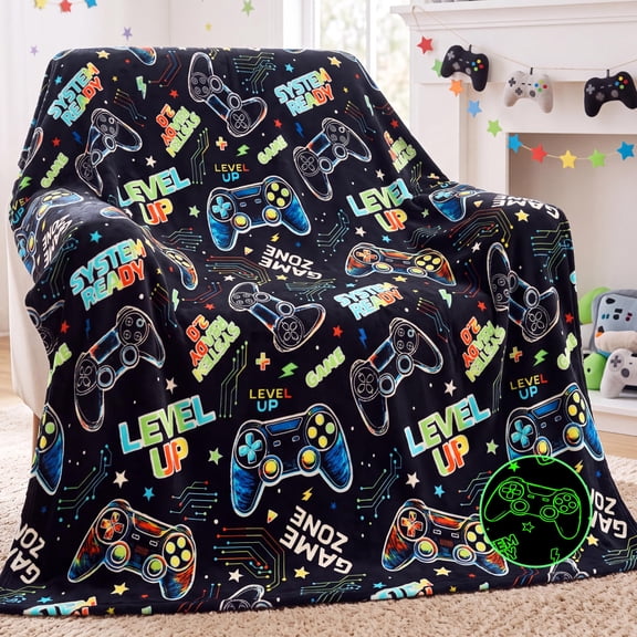 Joyfy Glow in The Dark Blanket Gaming Pattern Gifts for Boys 50" x 60" Soft Cozy Flannel Kids Throw Blanket