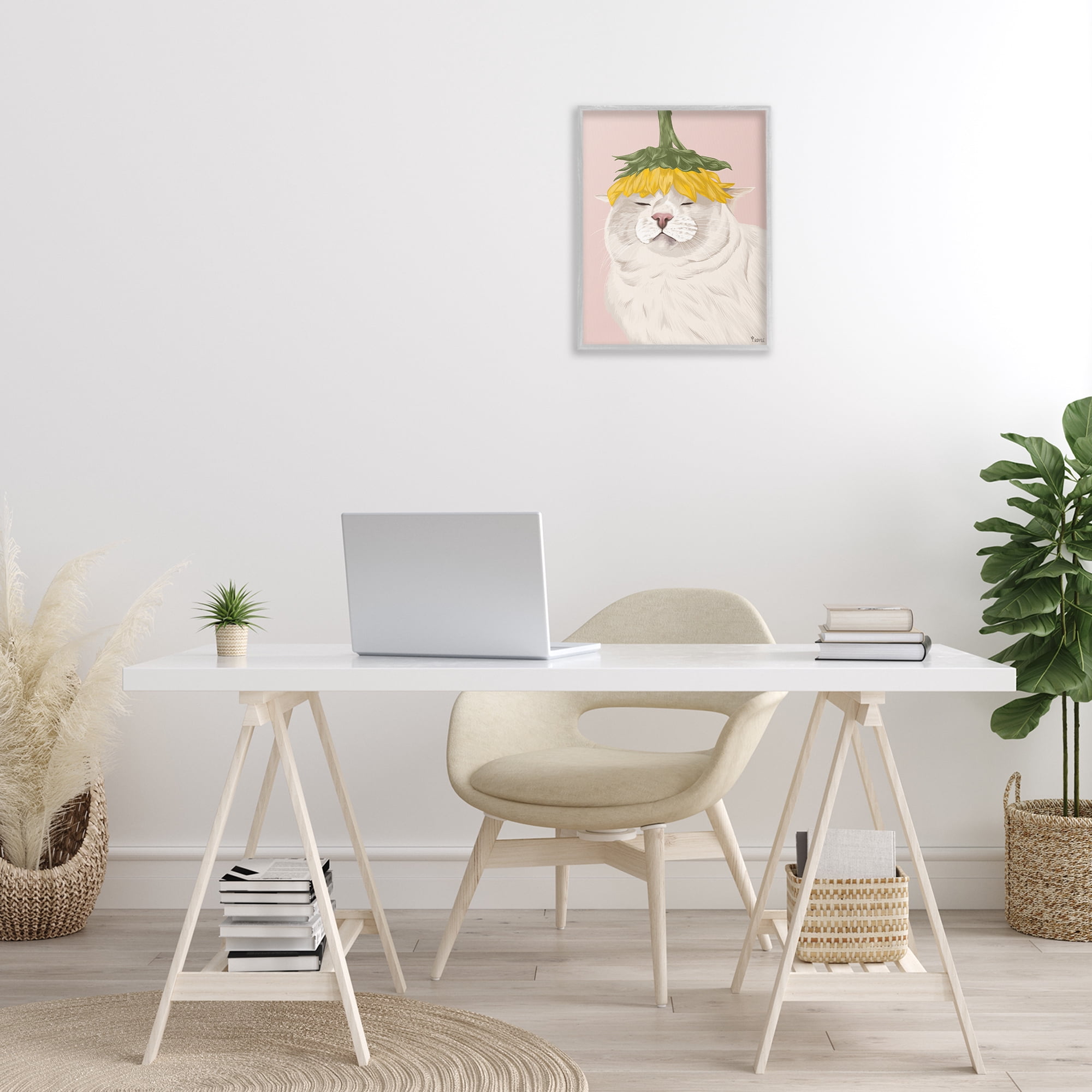 Stupell Industries Cat with Daisy on Head Animals & Insects Painting Gray Framed Art Print Wall Art, 16 x 20