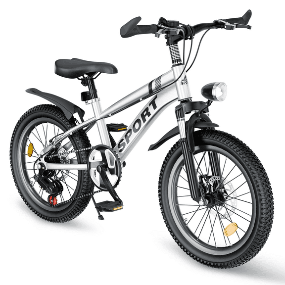 20 Inch Kids Mountain Bike for Boys & Girls Ages 7-12 – 7-Speed Gears, Dual Disc Brakes, Shock Absorber Front Fork, LED Light – Silver