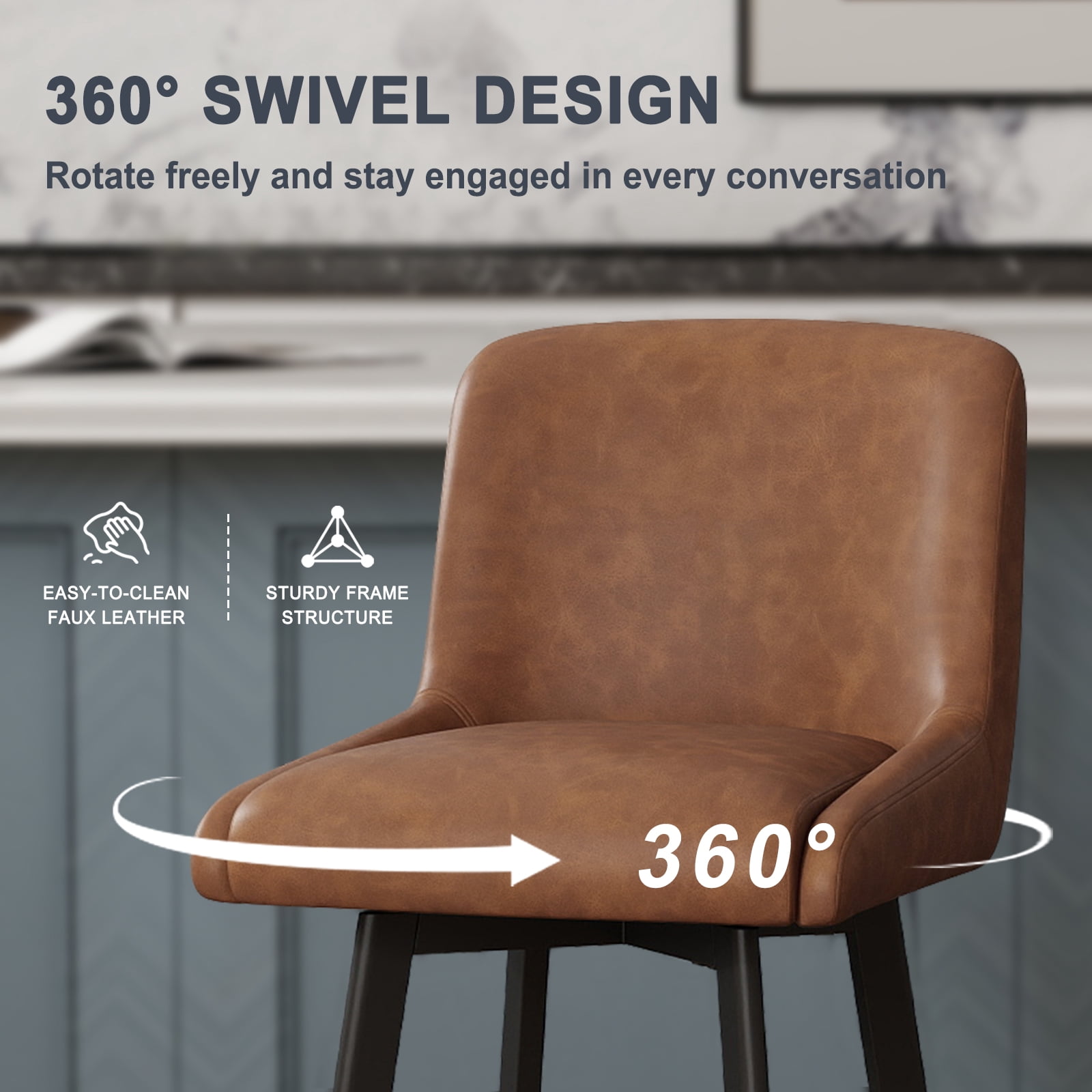 MultiHaven 26.1" Swivel Bar Stools Set of 2, Square Back & Metal Legs, PU Leather Counter Height Chairs for Kitchen, Bar, Cafe - Brown
