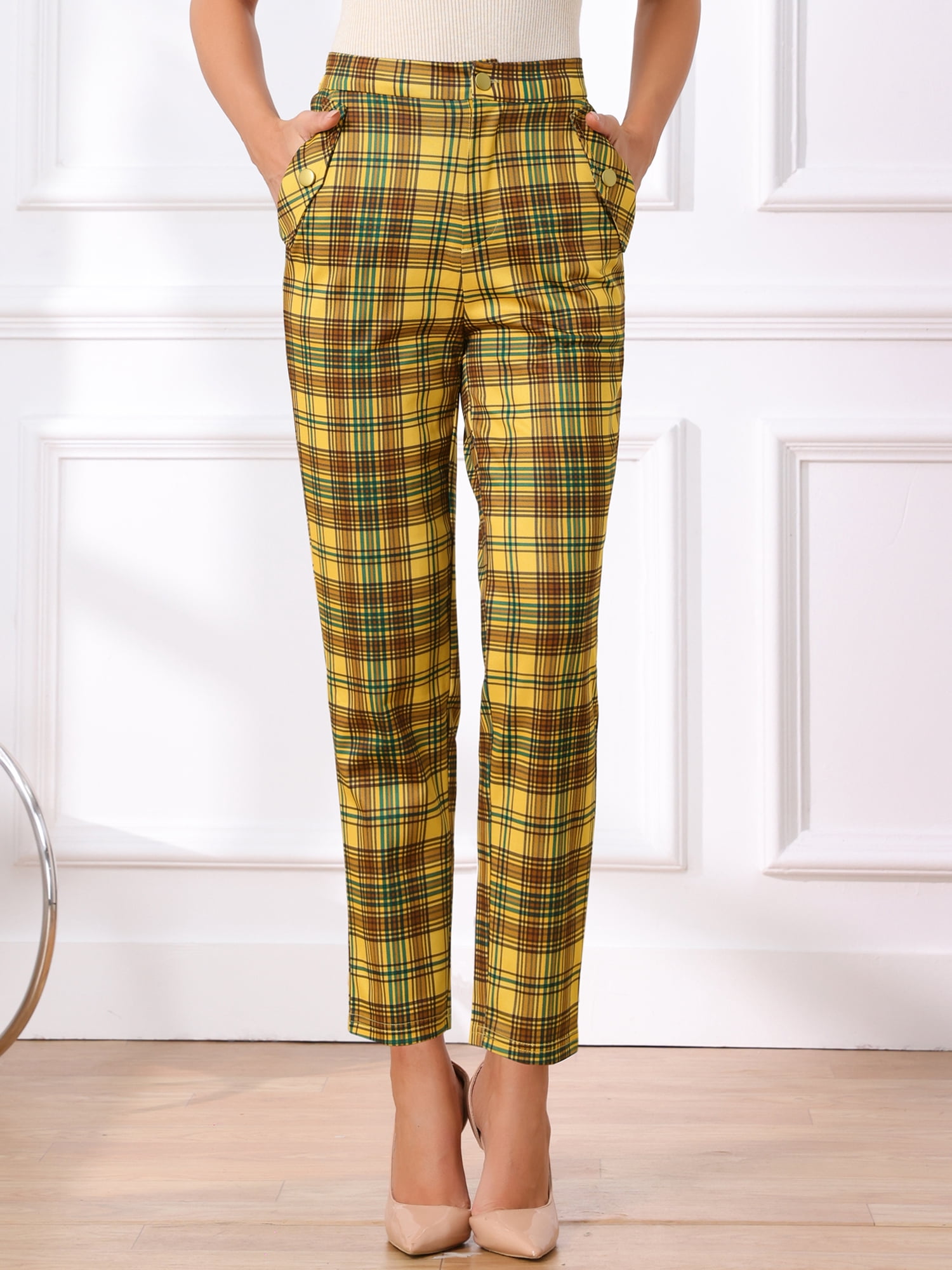 DARING DIVA Women's Tartan Plaid Pants Elastic Waist Straight Long Trousers S Yellow