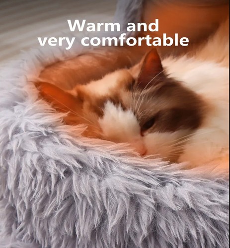 Colourtree Grey Winter Warm Plush Cat Bed, Enclosed Hooded Pet House with Cute Monster Design, Anti-Collapse Support for Indoor Cats & Small Pets