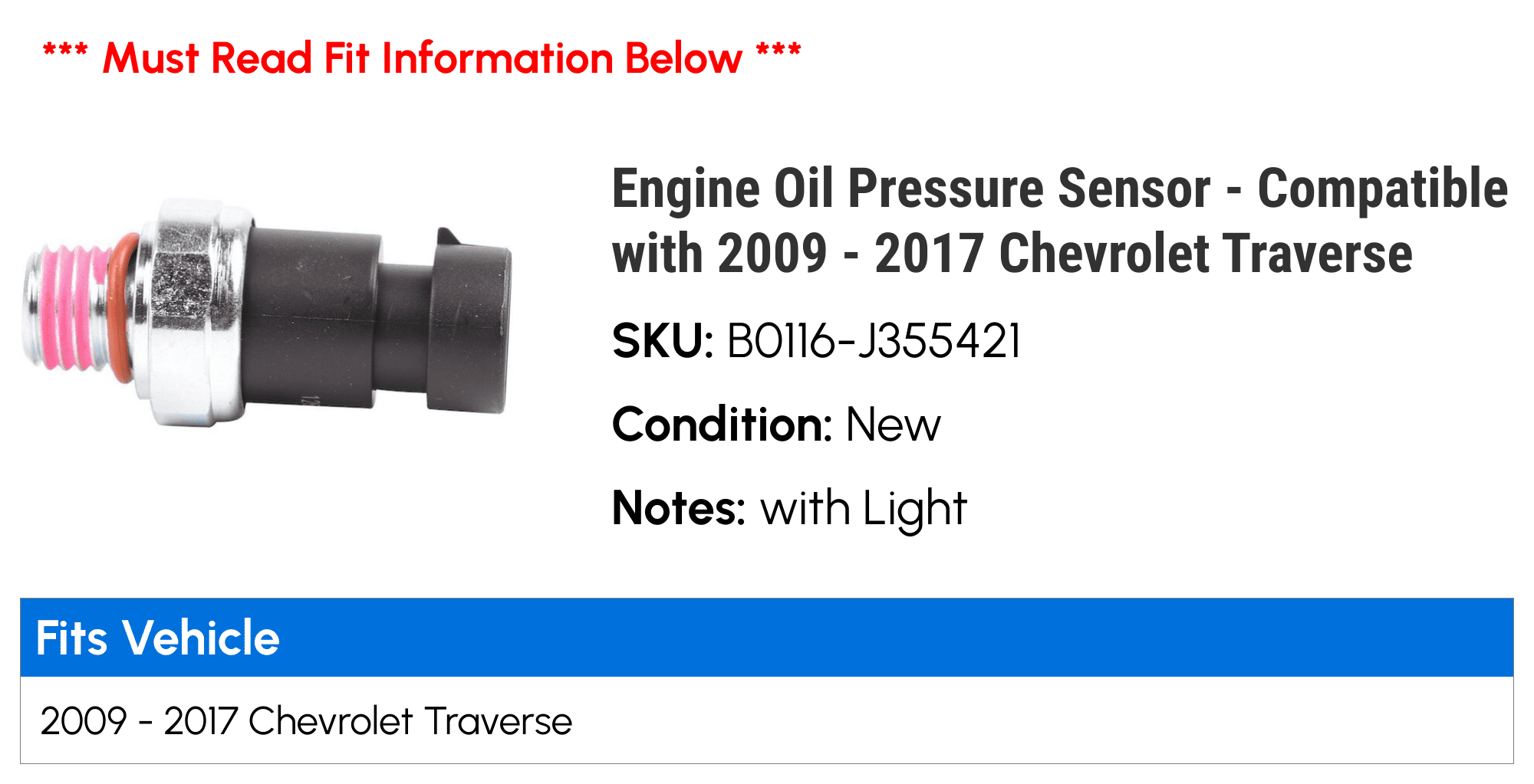 Engine Oil Pressure Sensor - Compatible with 2009 - 2017 Chevy Traverse 2010 2011 2012 2013 2014 2015 2016