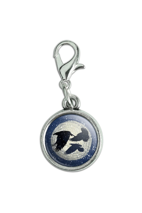 Ravens Flying Through Snow Antiqued Bracelet Pendant Zipper Pull Charm with Lobster Clasp