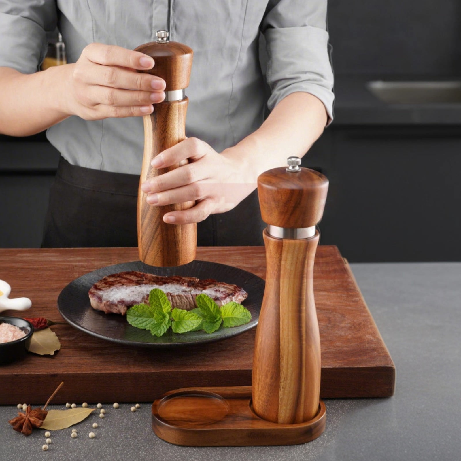 8-Inch Acacia Wood Pepper Mill with Steel Ring, Salt and Pepper Grinder Set with Spoon and Base, Elegant Gift for Bakers and Home Chefs