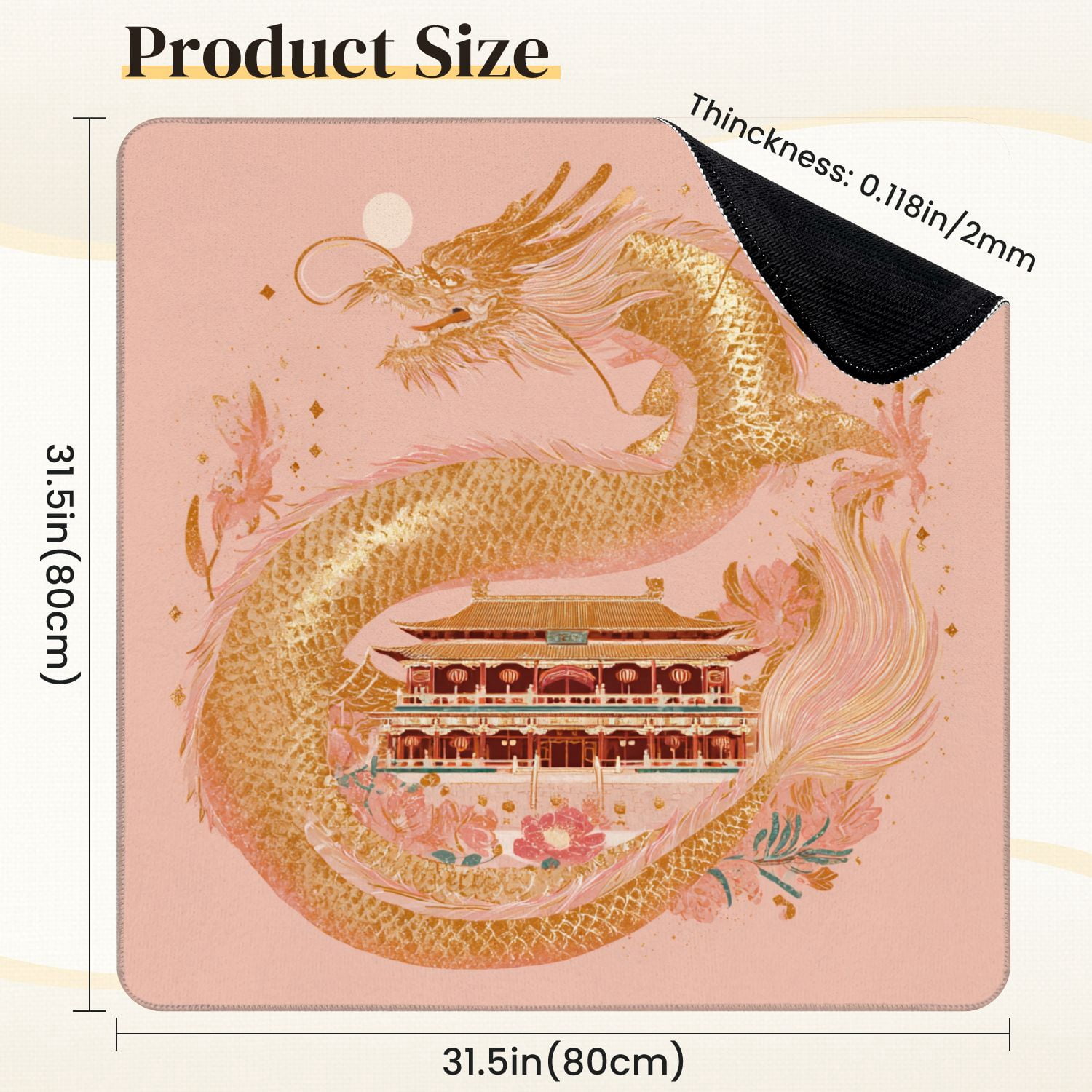 Chinoiserie Mahjong Mat 31.5" x 31.5" Traditional Chinese Temple Gold Scaled Dragon Non-Slip Noise Reduction Mahjong Tiles Table Cover for Dominoes Poker Card Board and Tile Games