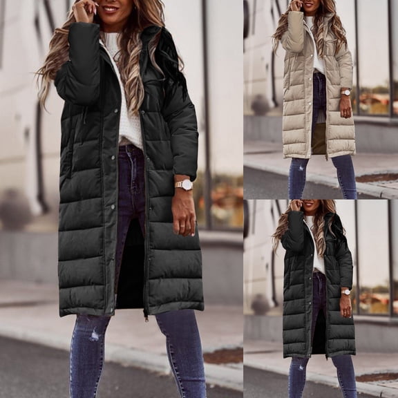 Lovskoo Womens Winter Coats Quilted Jacket Warm Long Sleeve Coat Hoodies Collar Jacket Slim Outwear Cotton Padded Outerwear Khaki