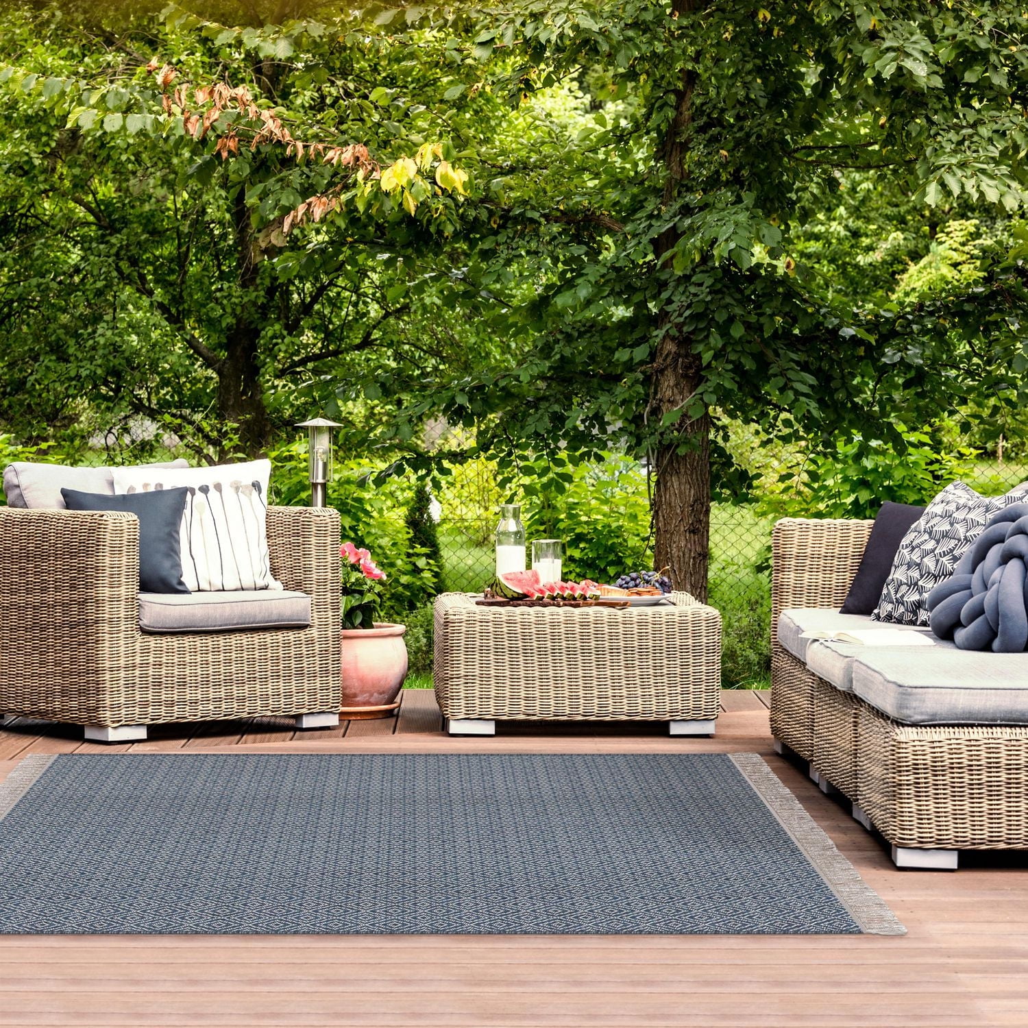 5'2x6'7 Valdez Blue Indoor Outdoor Patio Rug with Fringe