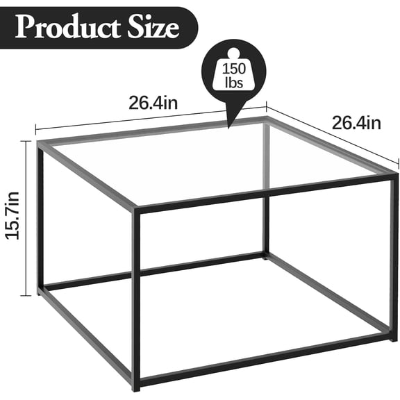 Black Glass Coffee Table for Living Room,Square Coffee Tables for Small Spaces,Simple Tea Cocktail Modern Center Tables, Living Room Tables,Easy Assembly,26 * 26in（Black & Clear Glass）
