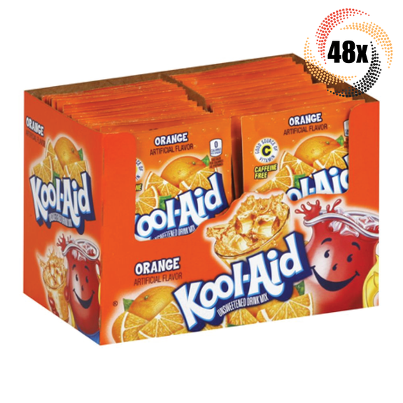 Full Box 48x Packets Kool-Aid Orange Flavor Soft Drink Mix | Caffeine Free |