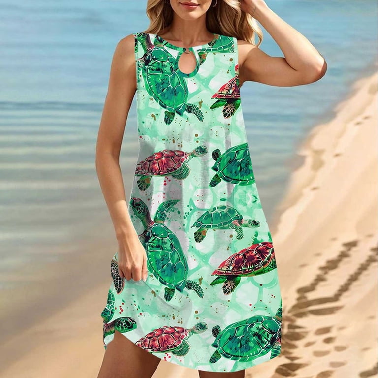 Feancey Women's Beach Cover Up Dress Sea Turtle Print Sleeveless Mini  Dresess Summer Keyhole Round Neck Loose Short Dress Flowy Trendy Vacation  SundressGreenL - Walmart.com