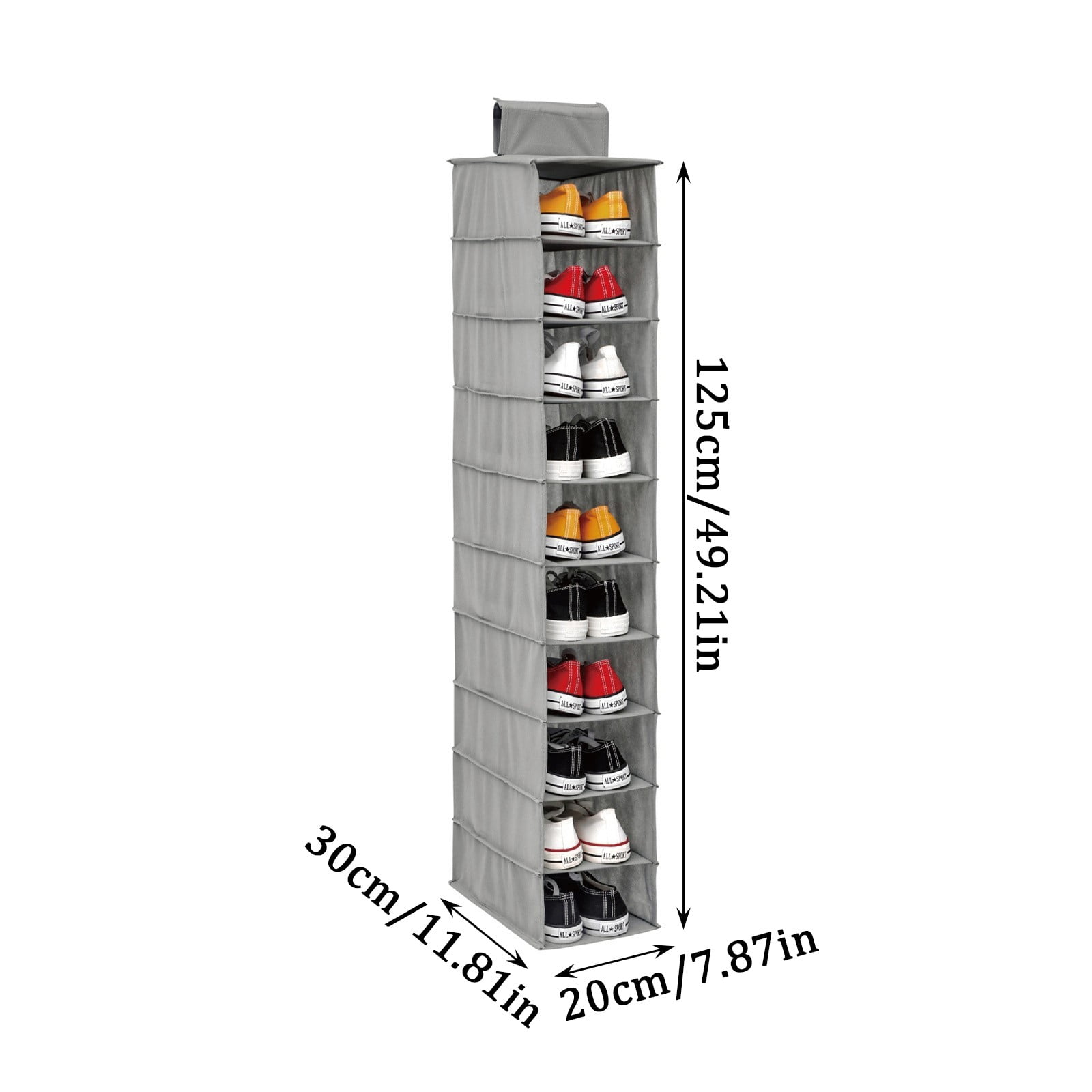 12x49 Inch 10-Layer Non-woven Shoe and Hat Storage Hanging Bag for Closet Organization with Reinforced PP Board and Strong Hooks