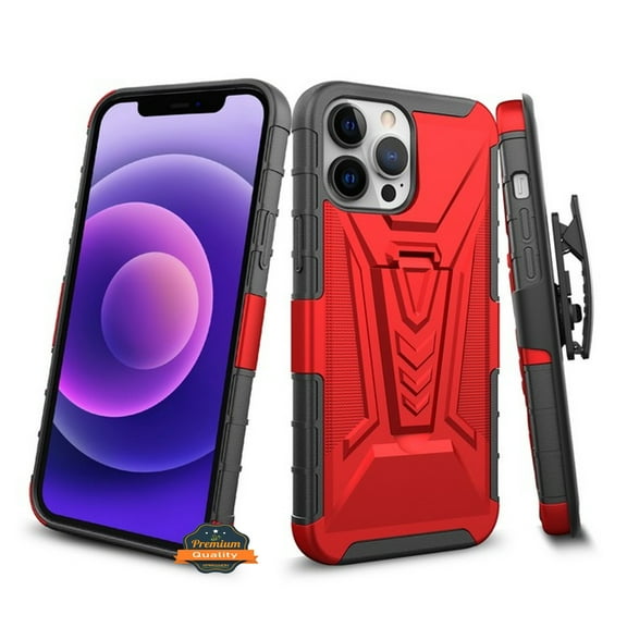 For Apple iPhone 13 Pro (6.1") Hybrid Armor Kickstand with Swivel Belt Clip Holster Heavy Duty 3 in 1 Shockproof Rugged Phone Case Cover by Xpression [Red]
