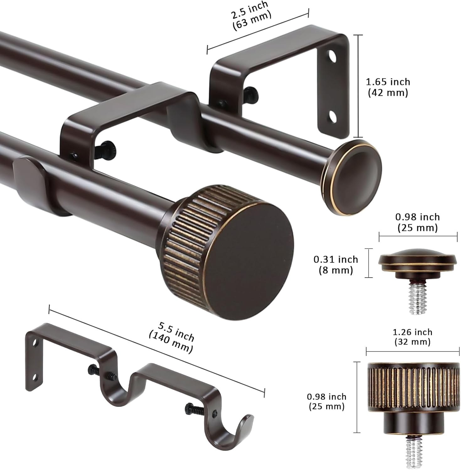 eTeckram 5/8" Double Curtain Rod with Bouton Finials,Bronze Gold,48‘’-84‘’