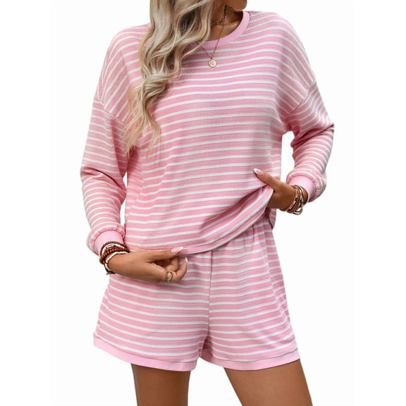 2 Piece Sets for Women Summer Cute Stripe Long Sleeve Knit T Shirts Shorts Matching Lounge Set Pink L