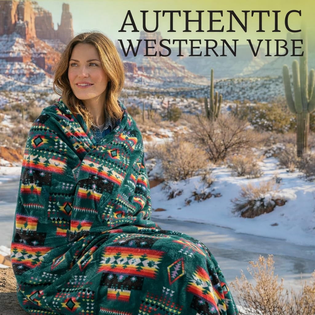 Sacred Thread Fleece Blanket South Western, Reversible Mexican, Vibrant Aztec Blankets and Throws for Aztec Decor for Home (Lake Flannel / Flannel) (Queen (79''x95'')