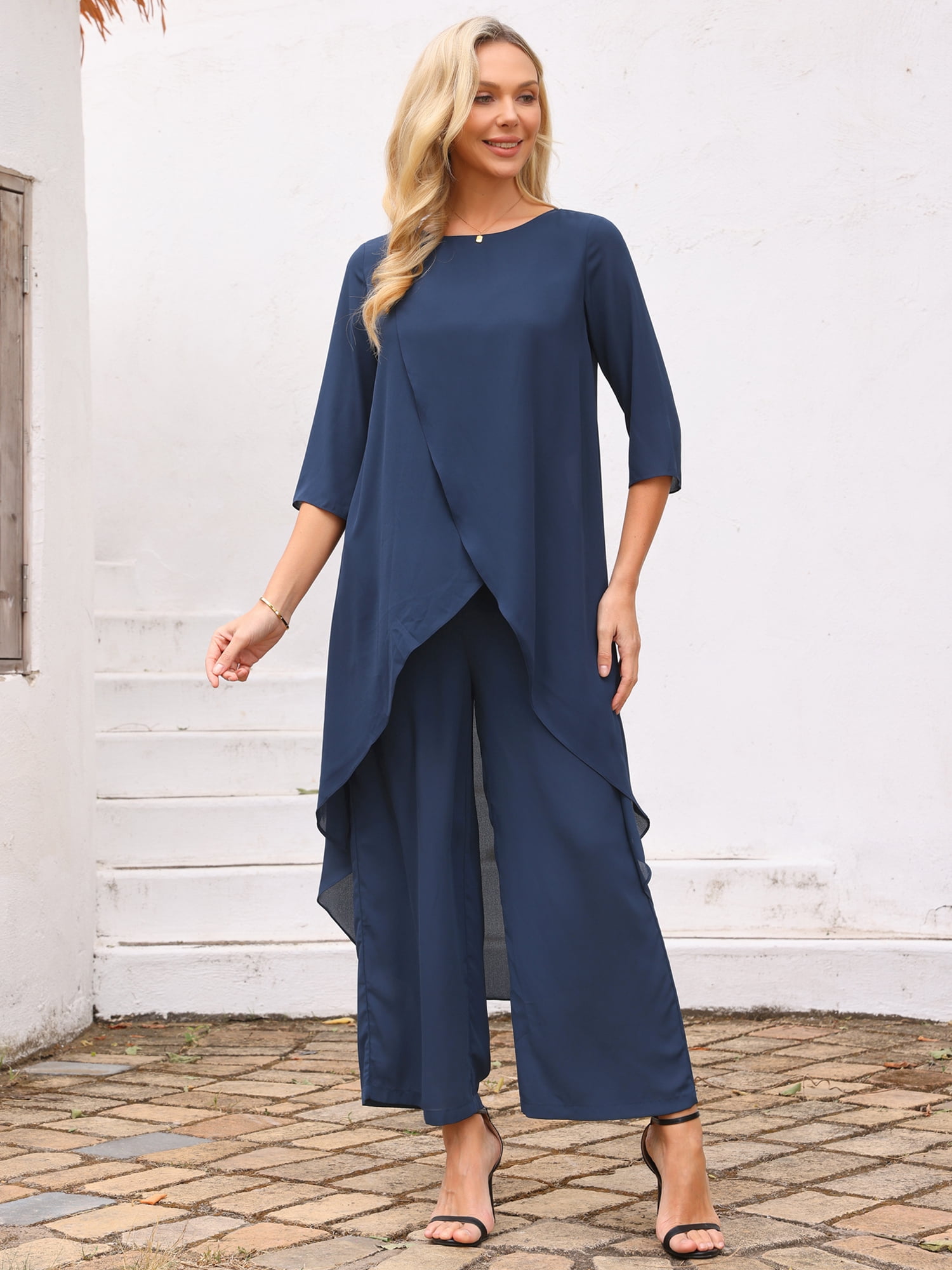 DARING DIVA Women's 2 Piece Chiffon Sets Dressy Pantsuit High Low Top Outfit L Dark Blue