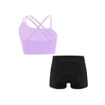 thumbnail image 2 of Raenseen Kids Girls Yoga Workout Outfit Asymmetrical Spaghetti Shoulder Straps Strappy Back Crop Top Purple&Black 8, 2 of 9