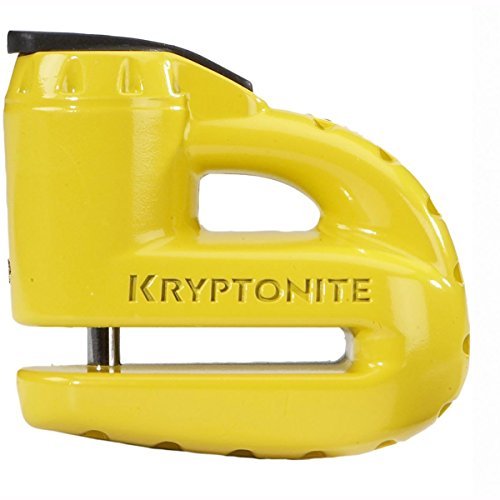 kryptonite 000884 keeper 5s bloqueo de disco amarillo bloqueo tipo pinza para disco de freno de bicicleta, vista lateral con cuerpo amarillo y texto KRYPTONITE en relieve, pasador de acero visible y tapa superior negra; a menudo se usa también para asegurar bicicletas en estacionamientos temporales.