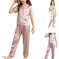 thumbnail image 1 of Uccdo Big Boys Girls Pajamas Sets, Kids Satin Silk Sleepwear Set, Little Gilrs Boys Short Sleeve Pajamas Sets, Children Button Down Tops+Sleep Pants 6-13Y, 1 of 4