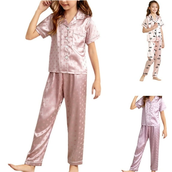 Uccdo Big Boys Girls Pajamas Sets, Kids Satin Silk Sleepwear Set, Little Gilrs Boys Short Sleeve Pajamas Sets, Children Button Down Tops+Sleep Pants 6-13Y