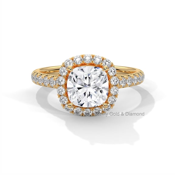 True Elegant Cushion Solitaire Accent Pave with Hidden Halo Brilliant Cut Moissanite Engagement Ring, 14k Yellow Gold Plated