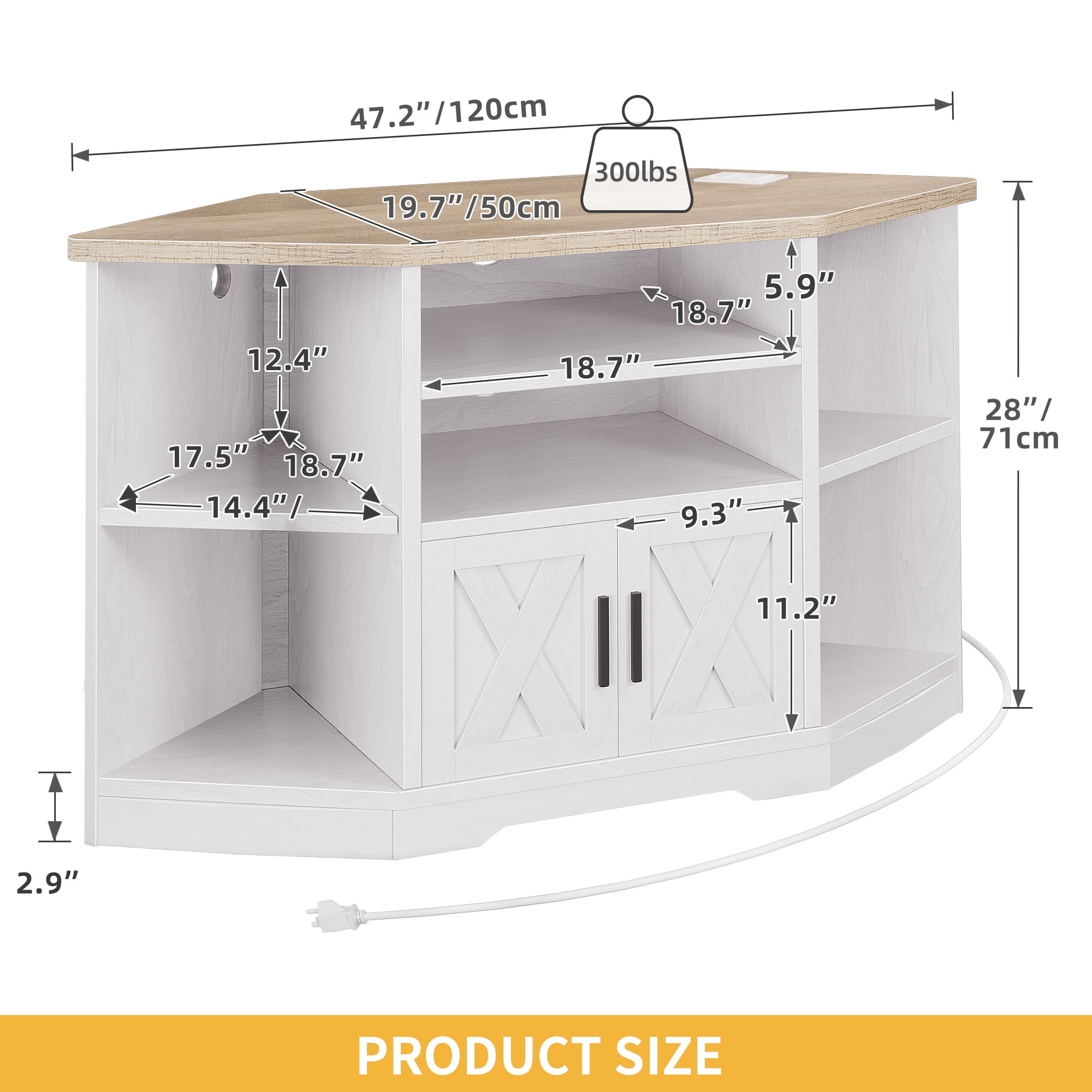 Uforic Farmhouse Corner TV Stand, 55', Power Outlet, Wood Entertainment Center, Storage, White