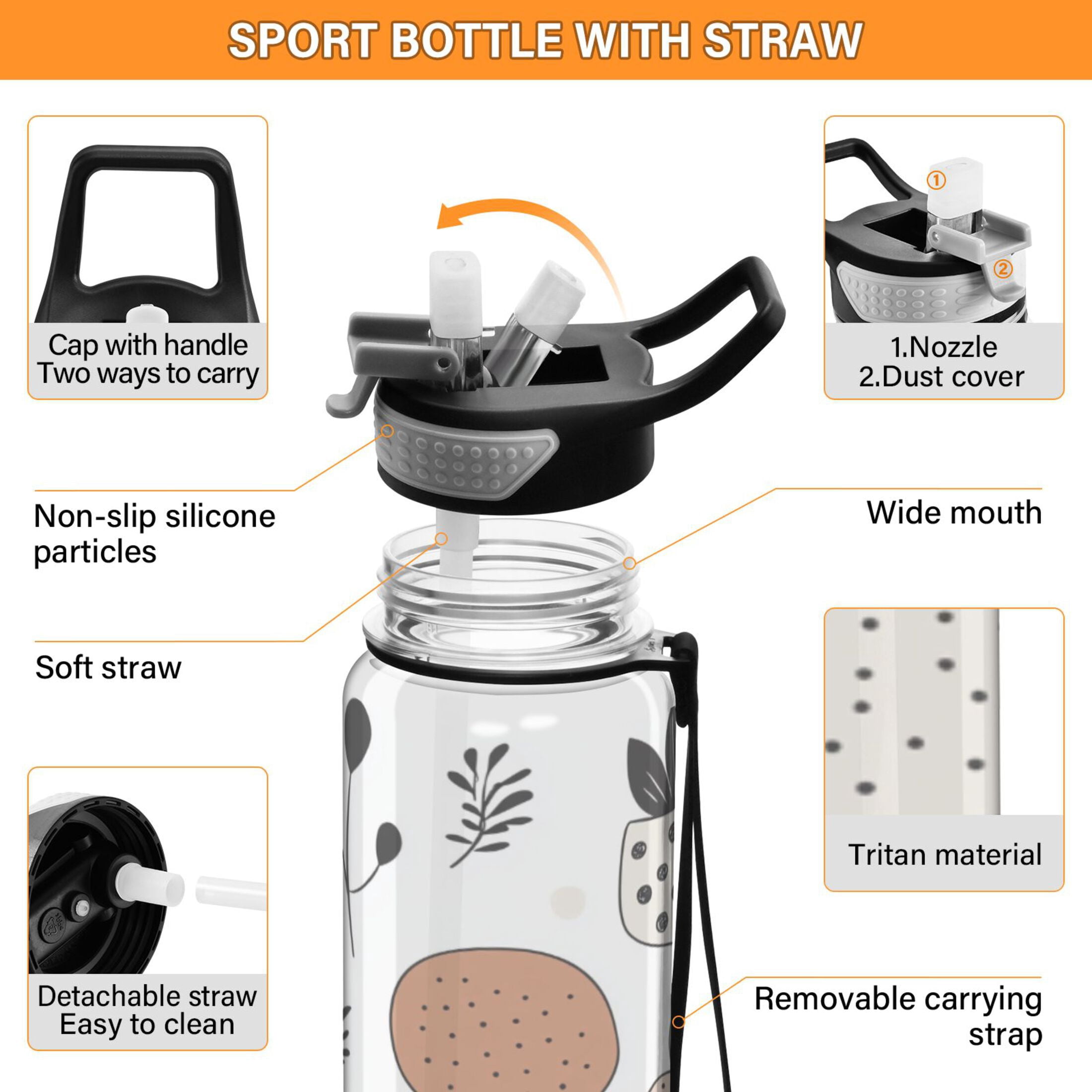 Vibrant Floral Brush Strokes 1000ml Tritan Sport Bottle Straw LeakProof Food-Grade Portable Wide Handle