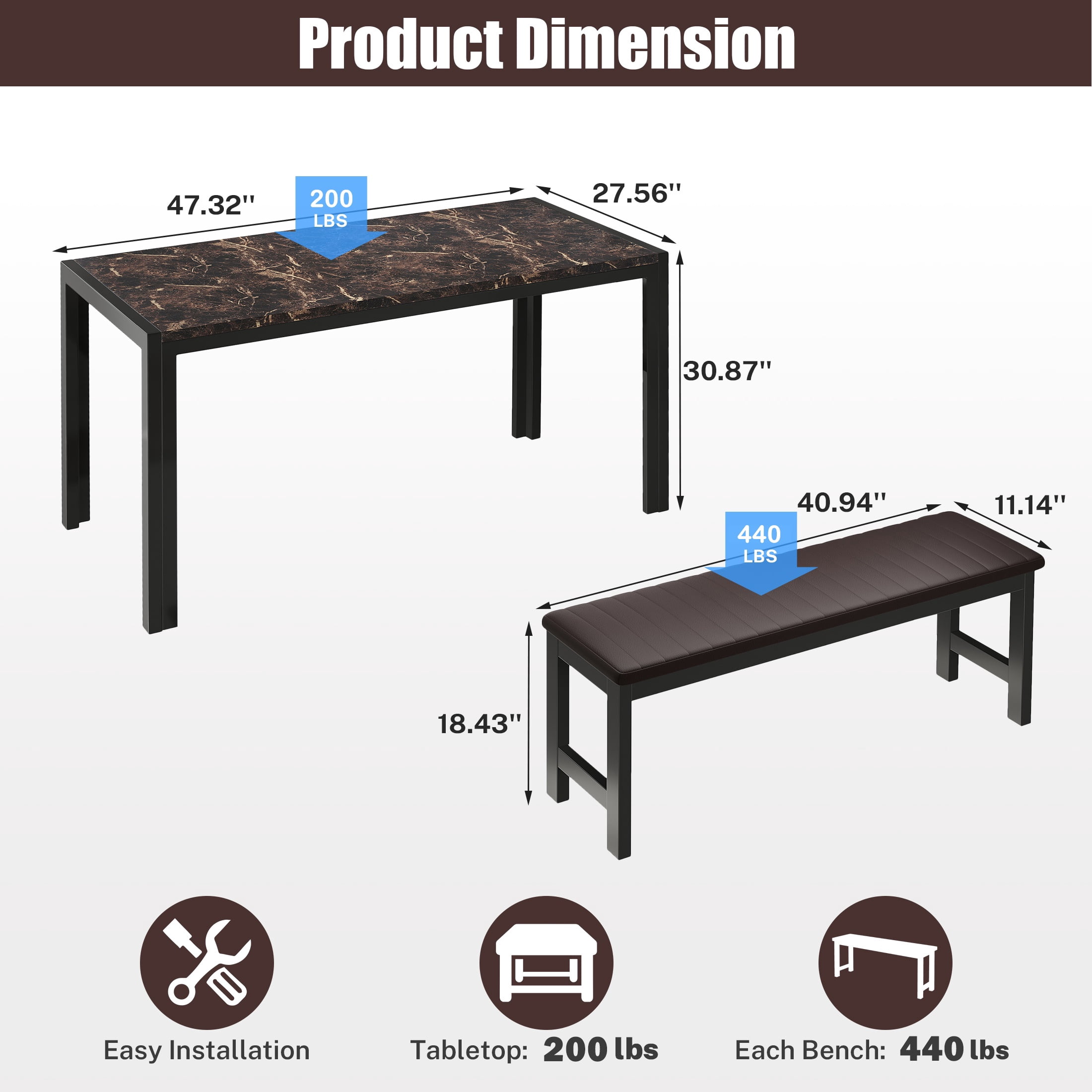 PORKISS 3 Piece Dining Table Set for 4, Kitchen Table Set with 2 PU Leather Benches, Dining Room Table Set with Metal Frame, Space Saving Breakfast Nook Table Set for Small Spaces, Apartment, Brown
