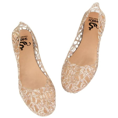 

LoyisViDion Women S Beach Jelly Sandals Slip On Flats Hollow Casual Breathable Pumps Gold 6(37)