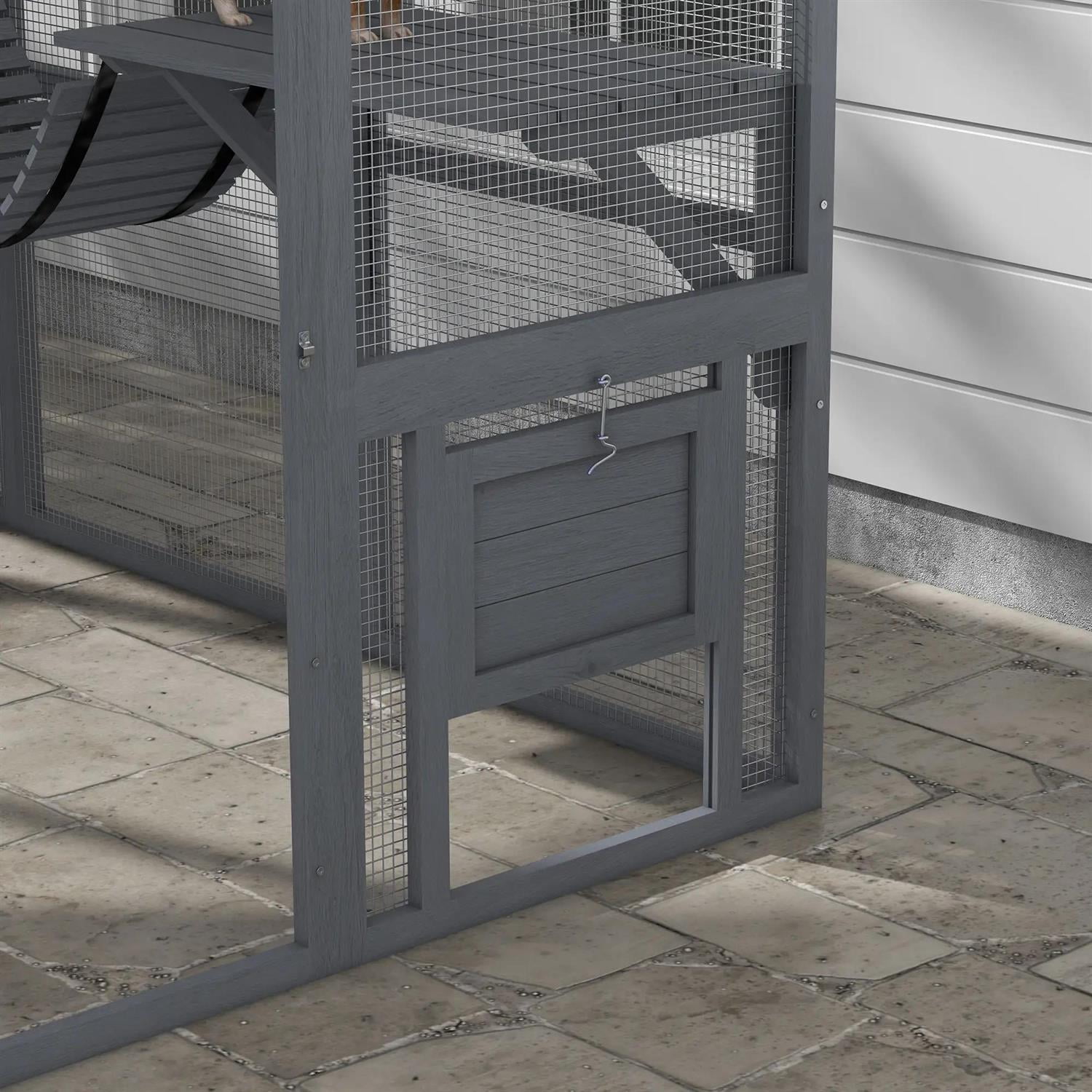 Pefilos 110" Outdoor Cat Cage with Waterproof Cover, 2 Condos, 4 Platforms, Bridge, Wooden Catio House for 2-3 Kittens Cats, Indoor Cat Enclosure, Gray